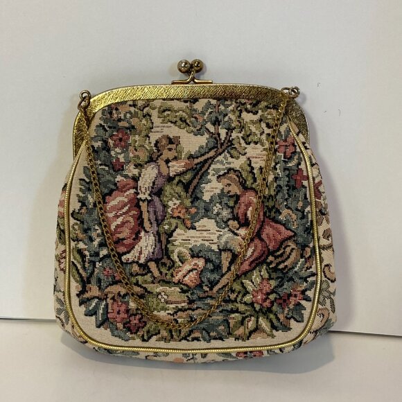 Vintage Julias Resnick JR Handbag Courting Couply Tapestry Needlepoint Gold - Picture 1 of 8